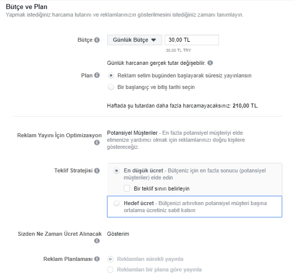 Facebook Reklam Bütçe ve Plan