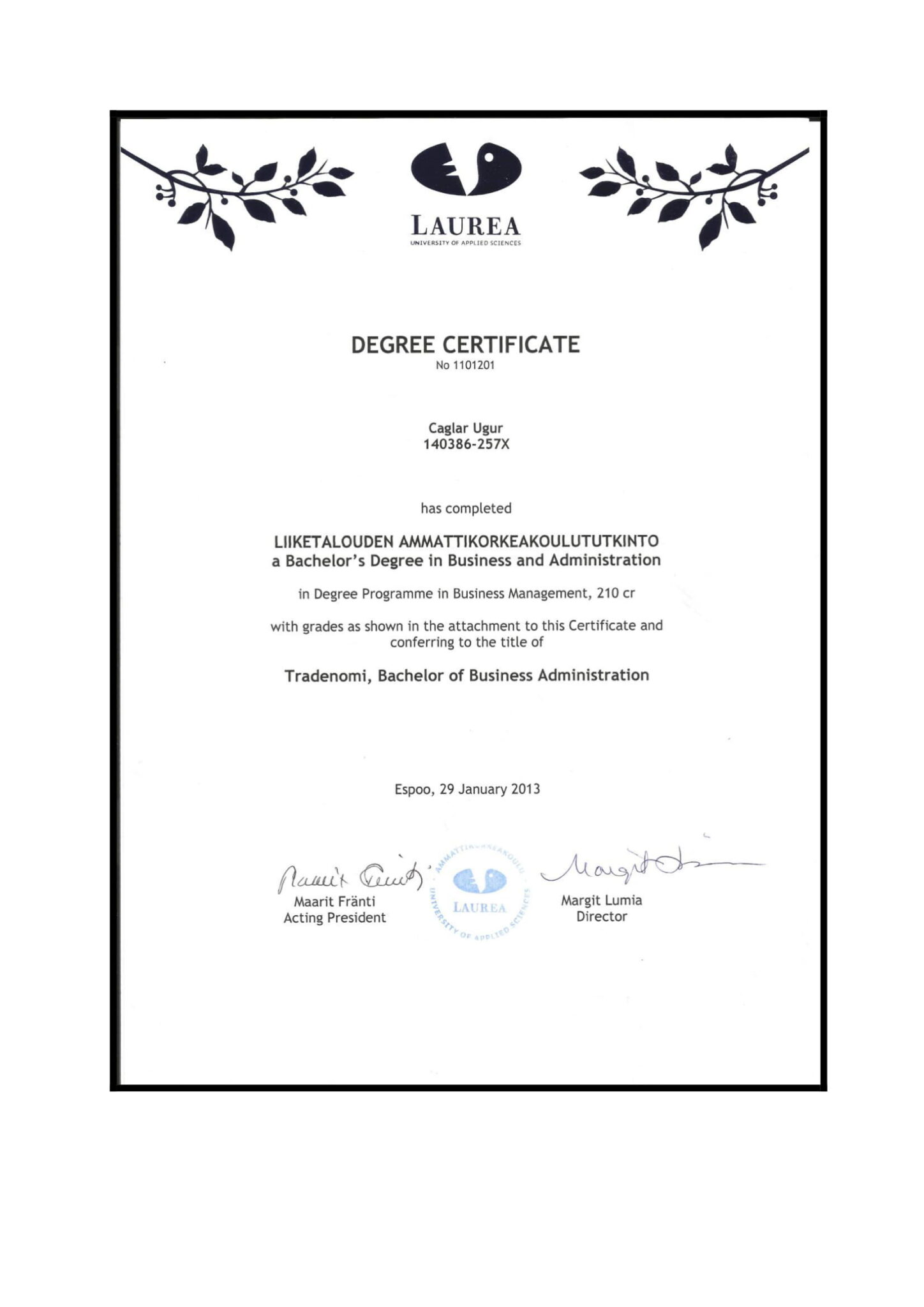 Çağlar Uğur Business Degree Laurea